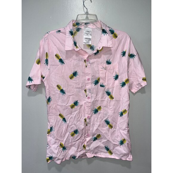 IML Mens Pineapple‎ Print Button-Down Shirt Short Sleeve S Cotton/Rayon Pink - Picture 1 of 7